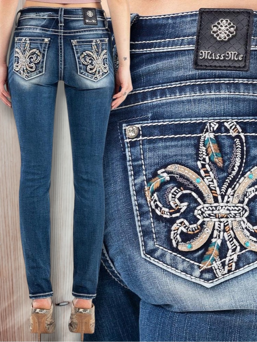 Miss Me Turquoise Fleur De Lis Skinny Jeans - Style: M3926S